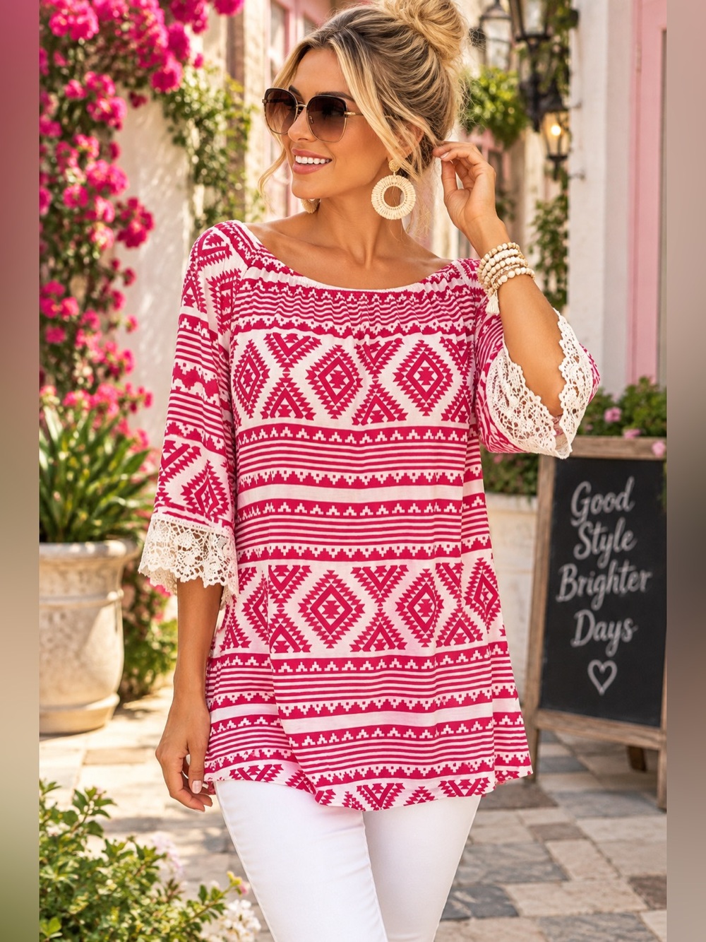 R. Rouge Pink White Geometric Tunic Top Crochet Lace Sleeves M